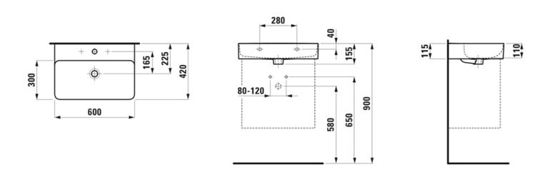 LAUFEN VAL umyvadlo 60 cm, s přepadem H8102830001091 Technický nákres