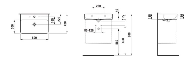 LAUFEN VAL umyvadlo 60 cm, s otvorem pro baterii a přepadem H8102830001041 Technický nákres
