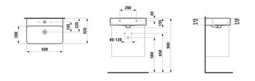 LAUFEN VAL umyvadlo 60 cm, s otvorem pro baterii a přepadem H8102830001041 Technický nákres