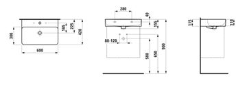 LAUFEN VAL umyvadlo 60 cm, s otvorem pro baterii a přepadem, LCC H8102834001041 Technický nákres
