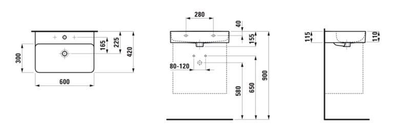 LAUFEN VAL umyvadlo 60 cm, s otvorem pro baterii a přepadem, LCC H8102834001041 Technický nákres