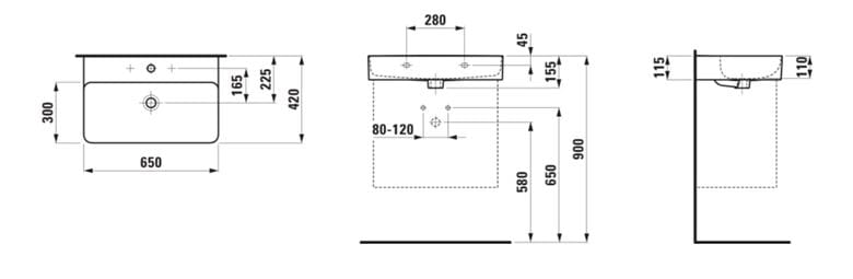 LAUFEN VAL umyvadlo 65 cm, s otvorem pro baterii a přepadem H8102840001041 Technický nákres