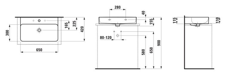 LAUFEN VAL umyvadlo na desku 65 cm, s otvorem pro baterii a přepadem, broušené H8162840001041 Technický nákres