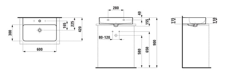 LAUFEN VAL umyvadlo na desku 60 cm, s otvorem pro baterii a přepadem, broušené H8162830001041 Technický nákres