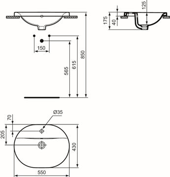 IDEAL STANDARD CONNECT umyvadlo 55 cm, s otvorem pro baterii a přepadem E503901 Technický nákres