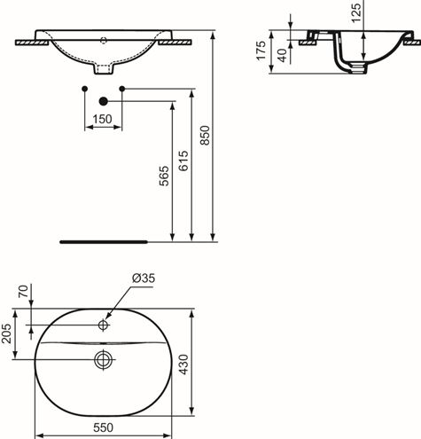 IDEAL STANDARD CONNECT umyvadlo 55 cm, s otvorem pro baterii a přepadem E503901 Technický nákres