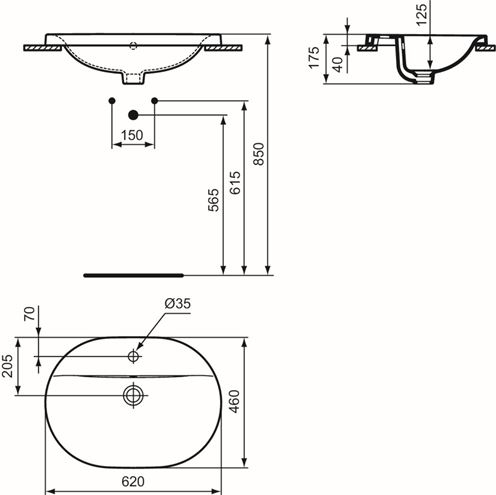 IDEAL STANDARD CONNECT umyvadlo 62 cm, s otvorem pro baterii a přepadem E504001 Technický nákres