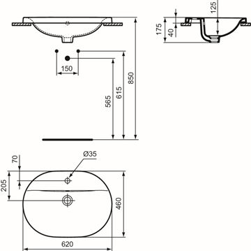 IDEAL STANDARD CONNECT umyvadlo 62 cm, s otvorem pro baterii a přepadem E504001 Technický nákres