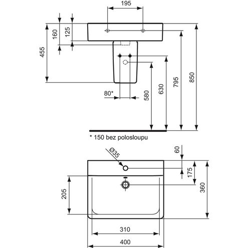 IDEAL STANDARD CONNECT CUBE umývátko 40 cm, s otvorem pro baterii a přepadem, Ideal Plus E7137MA Technický nákres