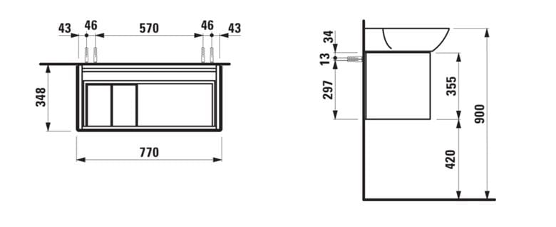LAUFEN INO skříňka pod umyvadlo 77x34,8x35,5 cm, 1 zásuvka, Push-open, matná bílá H4254010301701 Technický nákres