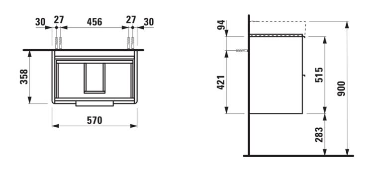 LAUFEN BASE skříňka pod umyvadlo 57x35,8x51,5 cm, 2 zásuvky, lesklá bílá H4022121102611 Technický nákres