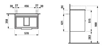LAUFEN BASE skříňka pod umyvadlo 57x35,8x51,5 cm, 2 zásuvky, lesklá bílá H4022121102611 Technický nákres