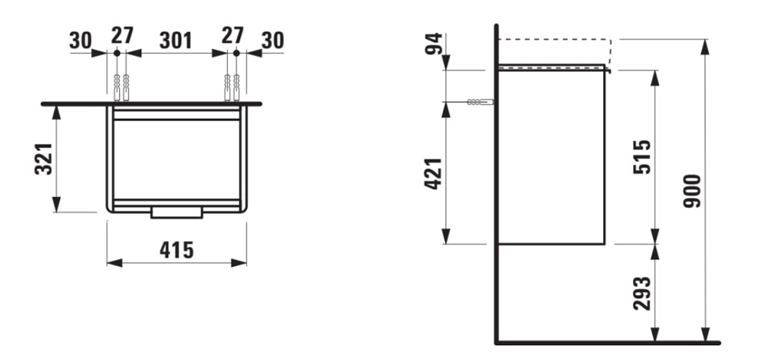 LAUFEN BASE skříňka pod umývátko 41,5x32,1x51,5 cm, 1 dvířka, panty vlevo, matná bílá H4021111102601 Technický nákres