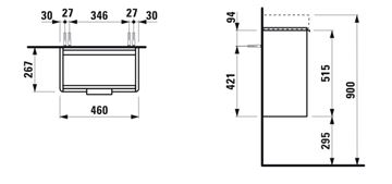 LAUFEN BASE skříňka pod umývátko 46x26,7x51,5 cm, 1 dvířka, panty vpravo, matná bílá H4021021102601 Technický nákres