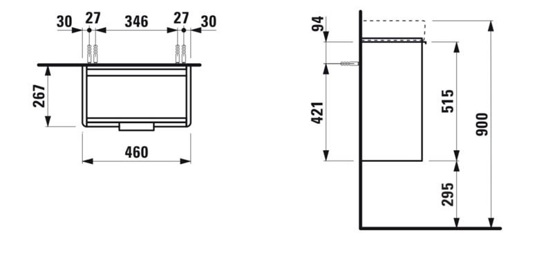 LAUFEN BASE skříňka pod umývátko 46x26,7x51,5 cm, 1 dvířka, panty vpravo, matná bílá H4021021102601 Technický nákres
