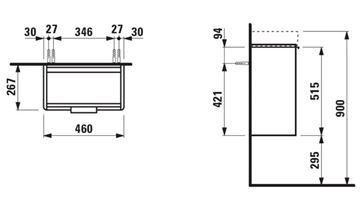 LAUFEN BASE skříňka pod umývátko 46x26,7x51,5 cm, 1 dvířka, panty vlevo, matná bílá H4021011102601 Technický nákres