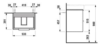 LAUFEN BASE skříňka pod umyvadlo 53,3x39,1x51,5 cm, 2 zásuvky, bílá mat H4021921102601 Technický nákres