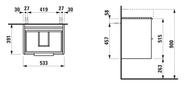 LAUFEN BASE skříňka pod umyvadlo 53,3x39,1x51,5 cm, 2 zásuvky, bílá mat H4021921102601 Technický nákres