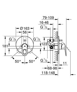 GROHE BAULOOP vanová podomítková baterie, s přepínačem, s tělesem, chrom 29081000 Technický nákres