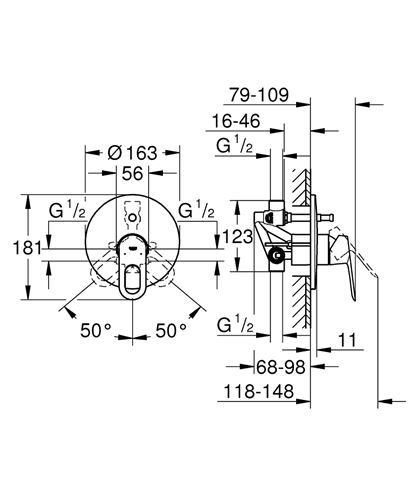 GROHE BAULOOP vanová podomítková baterie, s přepínačem, s tělesem, chrom 29081000 Technický nákres