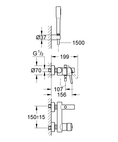 GROHE CONCETTO vanová nástěnná baterie, s přepínačem, se sprchovou soupravou, chrom 32212001 Technický nákres