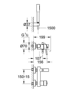 GROHE CONCETTO vanová nástěnná baterie, s přepínačem, se sprchovou soupravou, chrom 32212001 Technický nákres