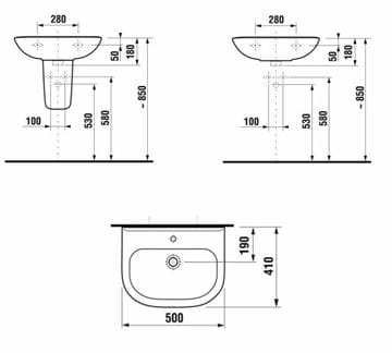 EASY umyvadlo 50 cm, s otvorem pro baterii a přepadem H8106110001045 Technický nákres
