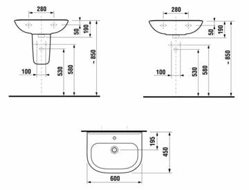 EASY umyvadlo 60 cm, s otvorem pro baterii a přepadem H8106130001045 Technický nákres