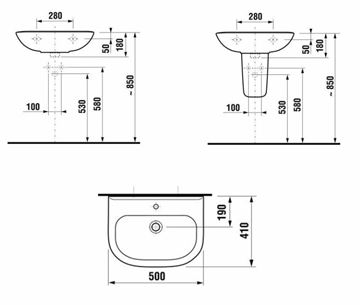 EASY umyvadlo 50 cm, s přepadem H8106110001095 Technický nákres