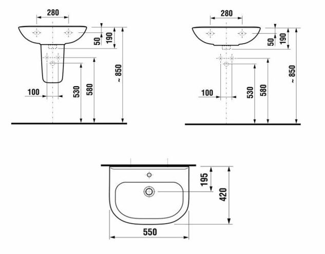 EASY umyvadlo 55 cm, s přepadem H8106120001095 Technický nákres