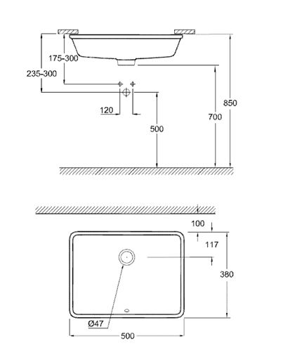 GROHE CUBE CERAMIC umyvadlo 50 cm, s přepadem, alpská bílá 3948000H Technický nákres