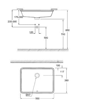 GROHE CUBE CERAMIC umyvadlo 50 cm, s přepadem, alpská bílá 3948000H Technický nákres