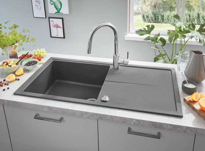 GROHE K400 kompozitní dřez 780x500 mm, otočný, 2 otvory, odkapávač, granitová černá 31639AP0 Obrázek - fotka