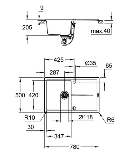 GROHE K400 kompozitní dřez 780x500 mm, otočný, 2 otvory, odkapávač, granitová černá 31639AP0 Technický nákres