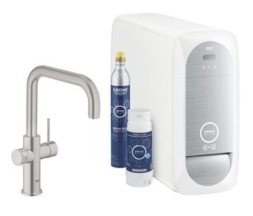 GROHE BLUE HOME dřezová elektronická baterie, s filtračním a chladícím zařízením, Bluetooth, napájení ze sítě, supersteel