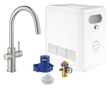 GROHE BLUE PROFESSIONAL dřezová baterie, s vytahovací koncovkou, s filtračním a chladícím zařízením, supersteel