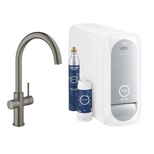 GROHE BLUE HOME dřezová elektronická baterie, s filtračním a chladícím zařízením, Bluetooth, napájení ze sítě, kartáčovaný hard graphite