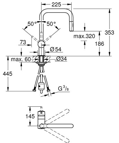 GROHE MINTA dřezová baterie, s vytahovací sprškou, kartáčovaný warm sunset 32322DL2 Technický nákres