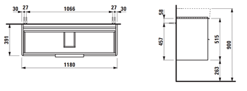 LAUFEN BASE skříňka pod umyvadlo 118x39,1x51,5 cm, 2 zásuvky, matná bílá H4024721102601 Technický nákres