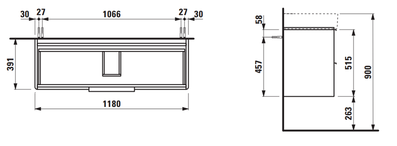 LAUFEN BASE skříňka pod umyvadlo 118x39,1x51,5 cm, 2 zásuvky, matná bílá H4024721102601 Technický nákres