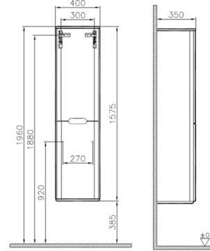 VITRA SENTO vysoká skříňka 40x35x157,5 cm, 2 dvířka, panty vlevo, s košem, antracite mat 60856 Technický nákres