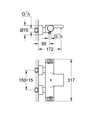 GROHE GROHTHERM 2000 vanová nástěnná termostatická baterie, s přepínačem, chrom 34174001 Technický nákres