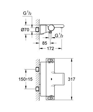 GROHE GROHTHERM 2000 vanová nástěnná termostatická baterie, s přepínačem, chrom 34464001 Technický nákres