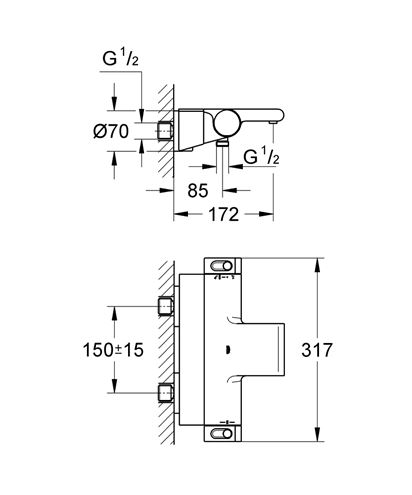 GROHE GROHTHERM 2000 vanová nástěnná termostatická baterie, s přepínačem, chrom 34464001 Technický nákres