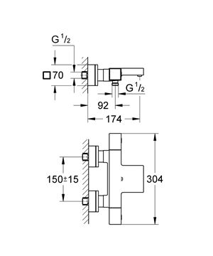 GROHE GROHTHERM CUBE vanová nástěnná termostatická baterie, s přepínačem, chrom 34497000 Technický nákres