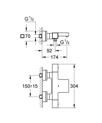 GROHE GROHTHERM CUBE vanová nástěnná termostatická baterie, s přepínačem, chrom 34497000 Technický nákres