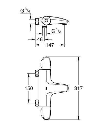 GROHE GROHTHERM 1000 vanová nástěnná termostatická baterie, s přepínačem, chrom 34823003 Technický nákres