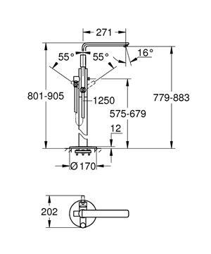 GROHE LINEARE vanová baterie na podlahu, s přepínačem, se sprchovou soupravou, chrom 23792001 Technický nákres