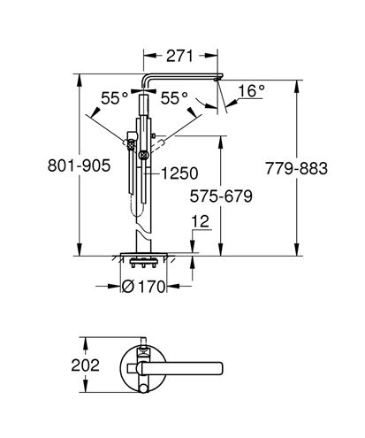 GROHE LINEARE vanová baterie na podlahu, s přepínačem, se sprchovou soupravou, chrom 23792001 Technický nákres