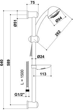 RAF MARINE sprchová souprava 4-dílná, ruční sprcha pr. 94 mm, 5 proudů, tyč, hadice, mýdlenka, chrom SK501 Technický nákres